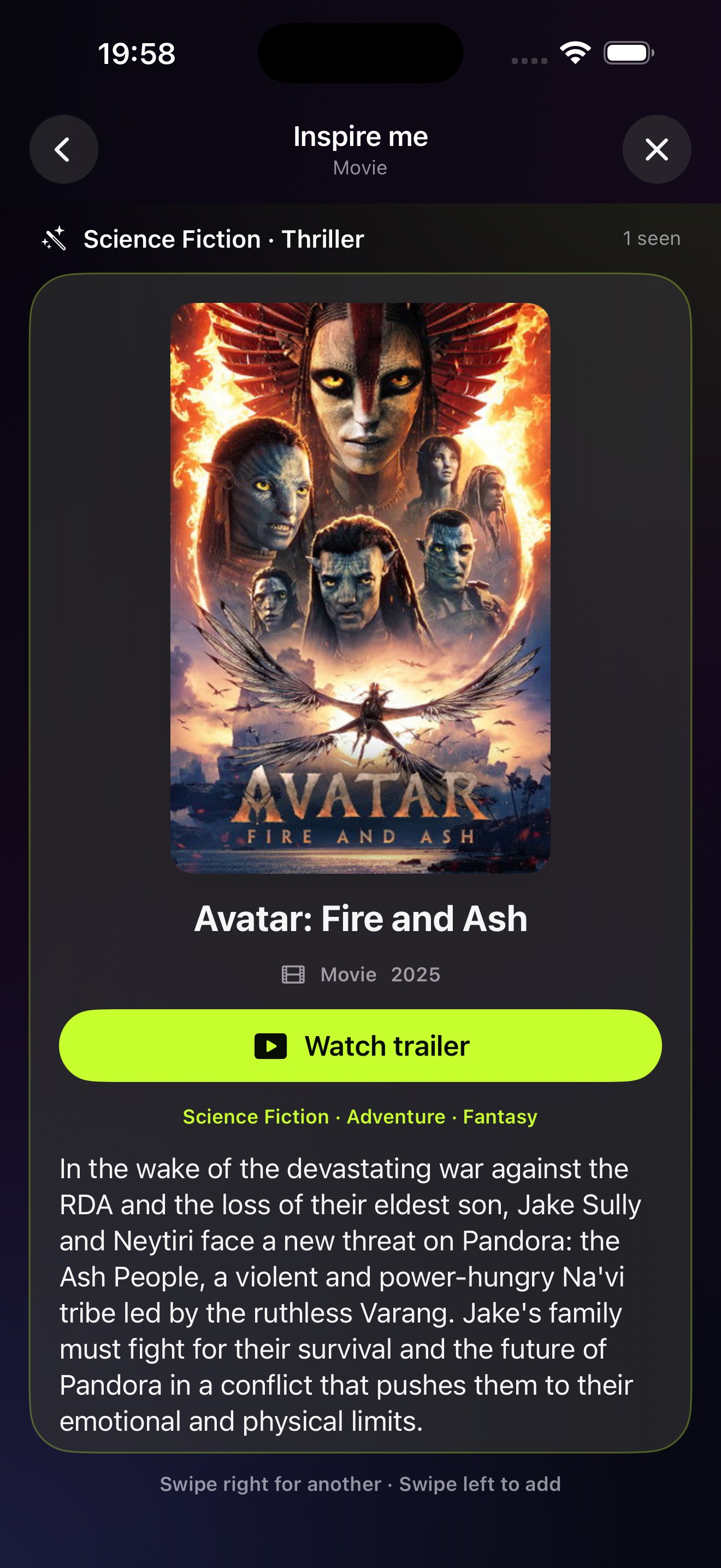 Spool Inspire Me suggesting Avatar: Fire and Ash